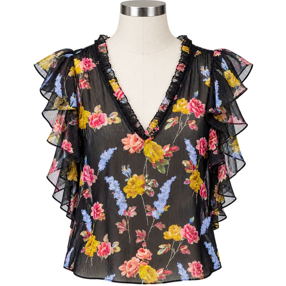PAIGE Genie Black Floral 100% Silk Ruffle Flutter Sleeve Blouse - Size S - Boho